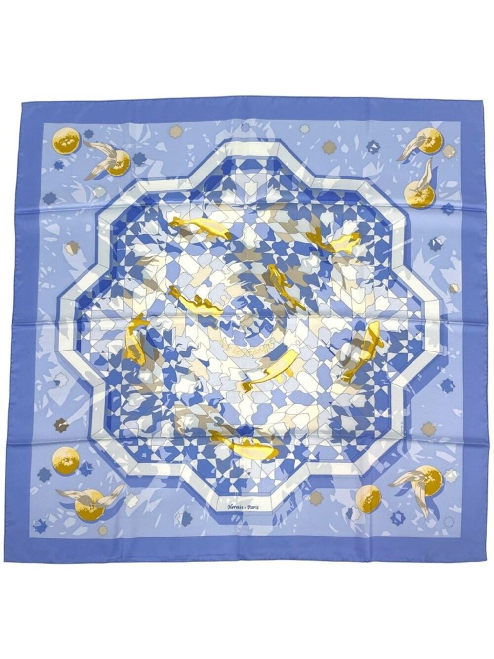 Hermes Carre 90 Sous les Orangers Scarf Under the Orange Tree Silk Blue
